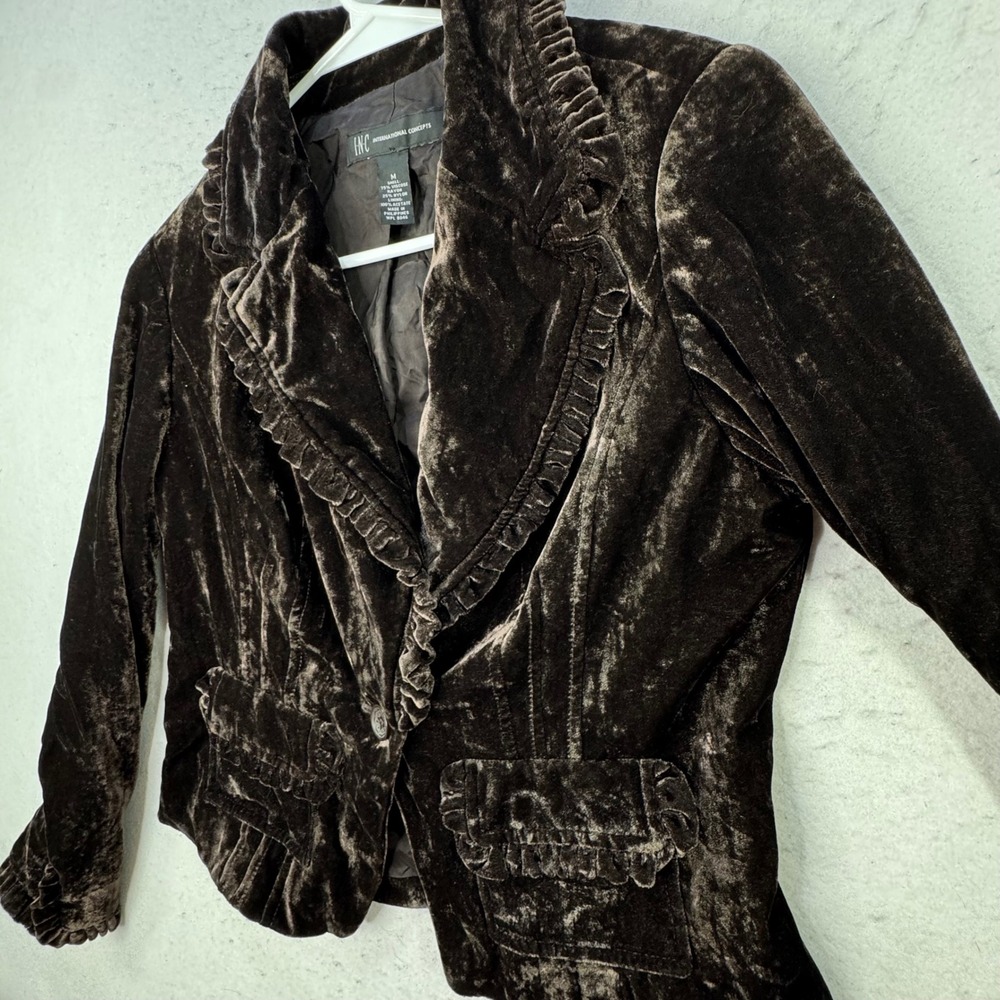 INC Velvet Blazer Womens Medium Brown Ruffle Trim Victorian Goth Jacket - Picture 13 of 13